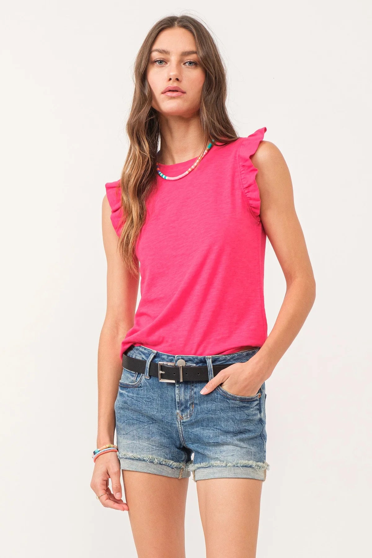 North Ruffle Trim Top-Pink