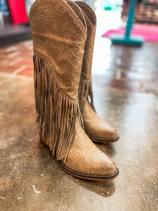 Kaylee Fringe Boots-Taupe