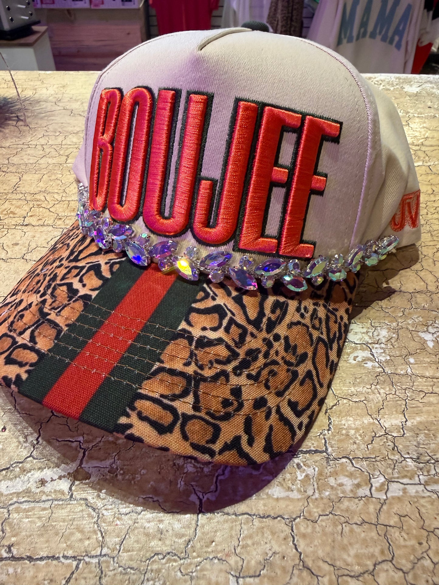 cap with red and green stripe leopard print with chain