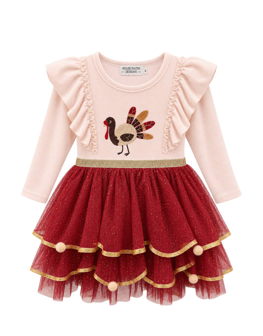 Rylee Faith Designs girls Thanksgiving dress with embroidered turkey, pink ruffle sleeves, and burgundy glitter tulle skirt with gold trim