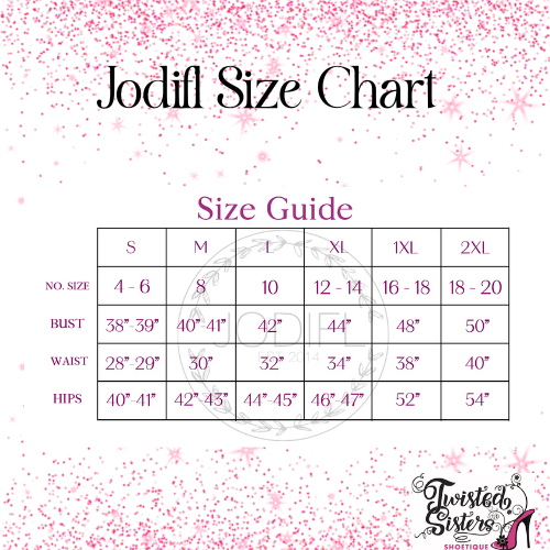 Jodifl Size Chart with pink confetti background