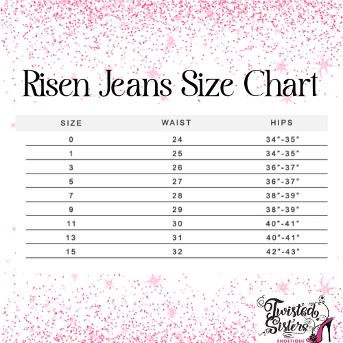 Risen Jeans size chart with pink confetti on a white background