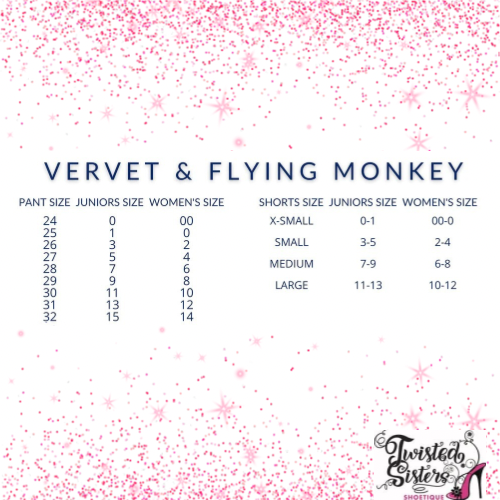 Size chart for Vervet & Flying Monkey at Twisted Sisters