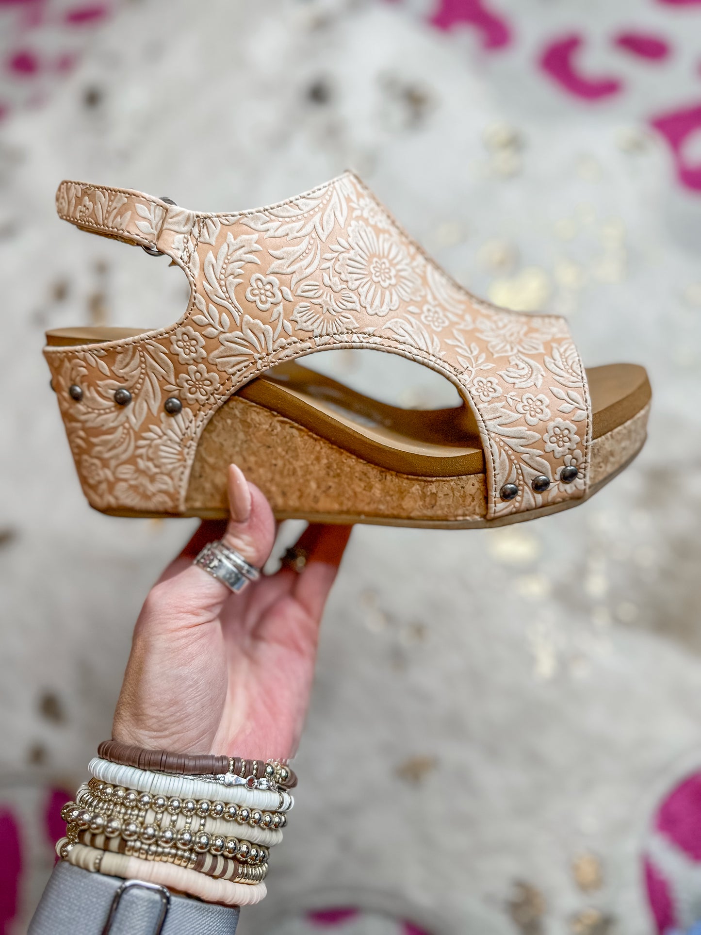 Side view of women’s Very G Isabella Tool embossed strappy wedges from Texas boutique