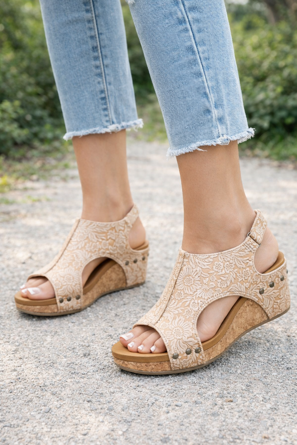 Nude floral embossed wedges by very g