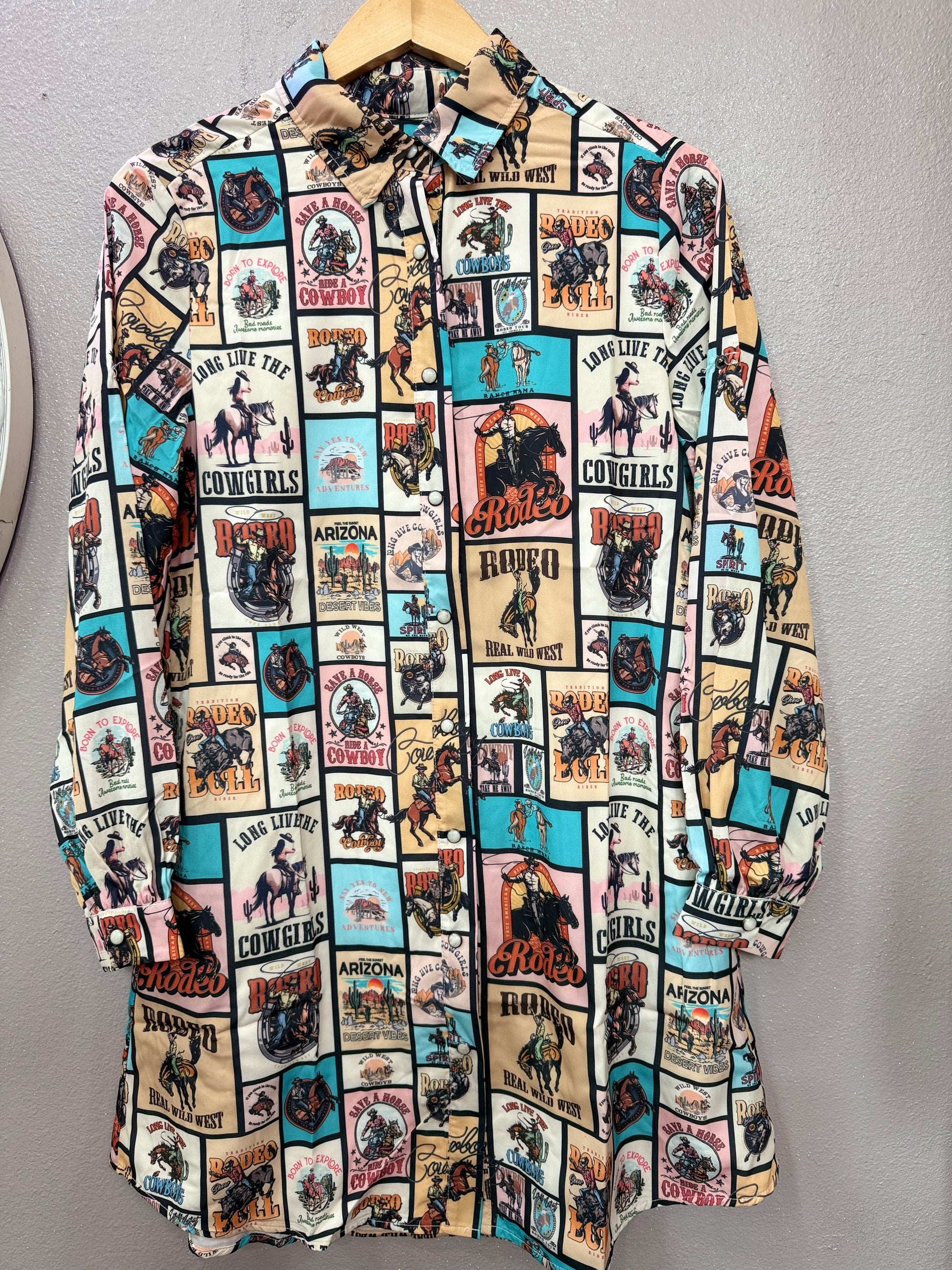 Patterned shirt with cowboy graphics on a gray background