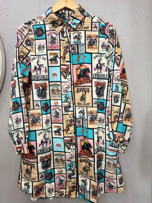 Patterned shirt with cowboy graphics on a gray background