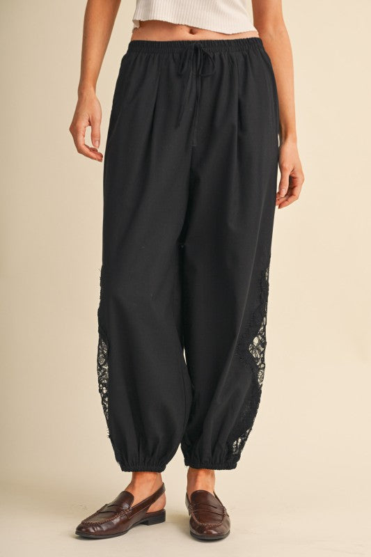 Black lace panel balloon pants with drawstring waist for women