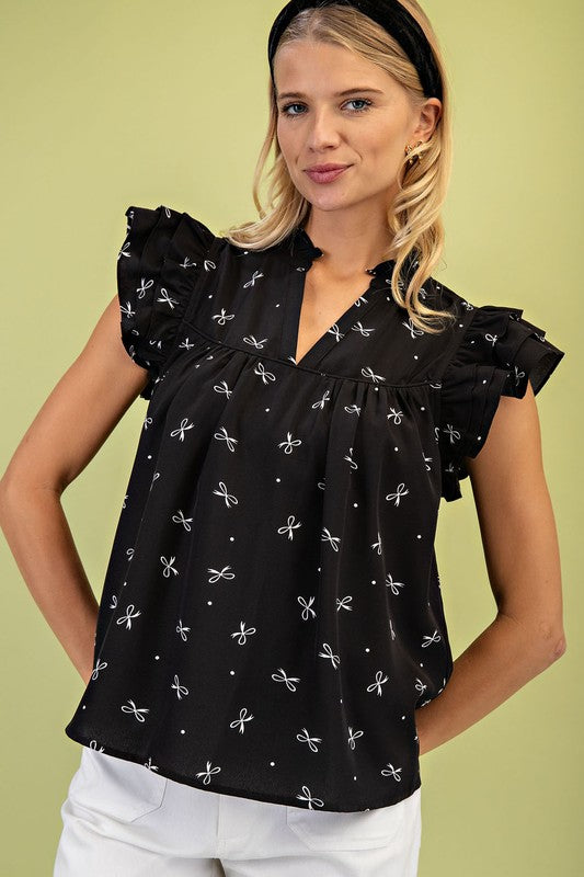 Black bow print V-neck ruffle sleeve top from Twisted Sisters Shoetique