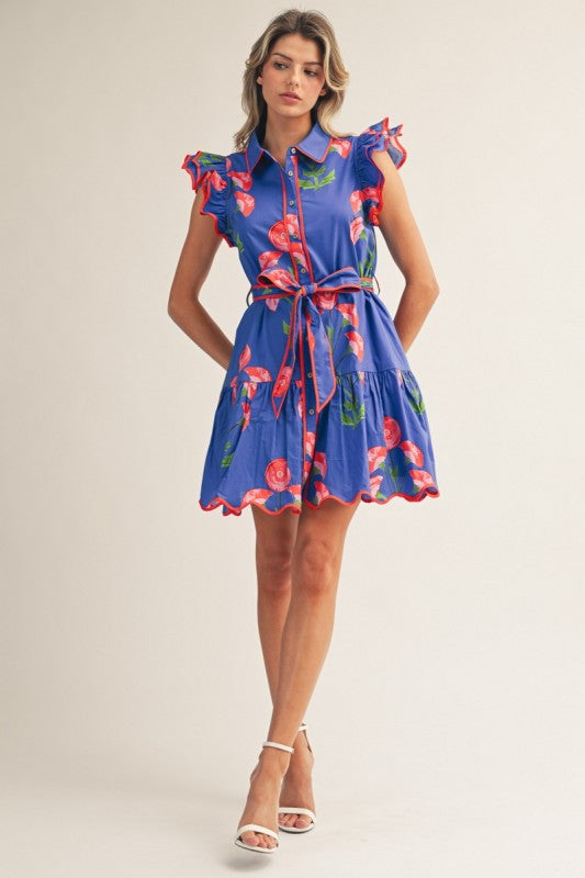 Blue floral ruffle sleeve button front mini dress with tie waist for women boutique summer outfit