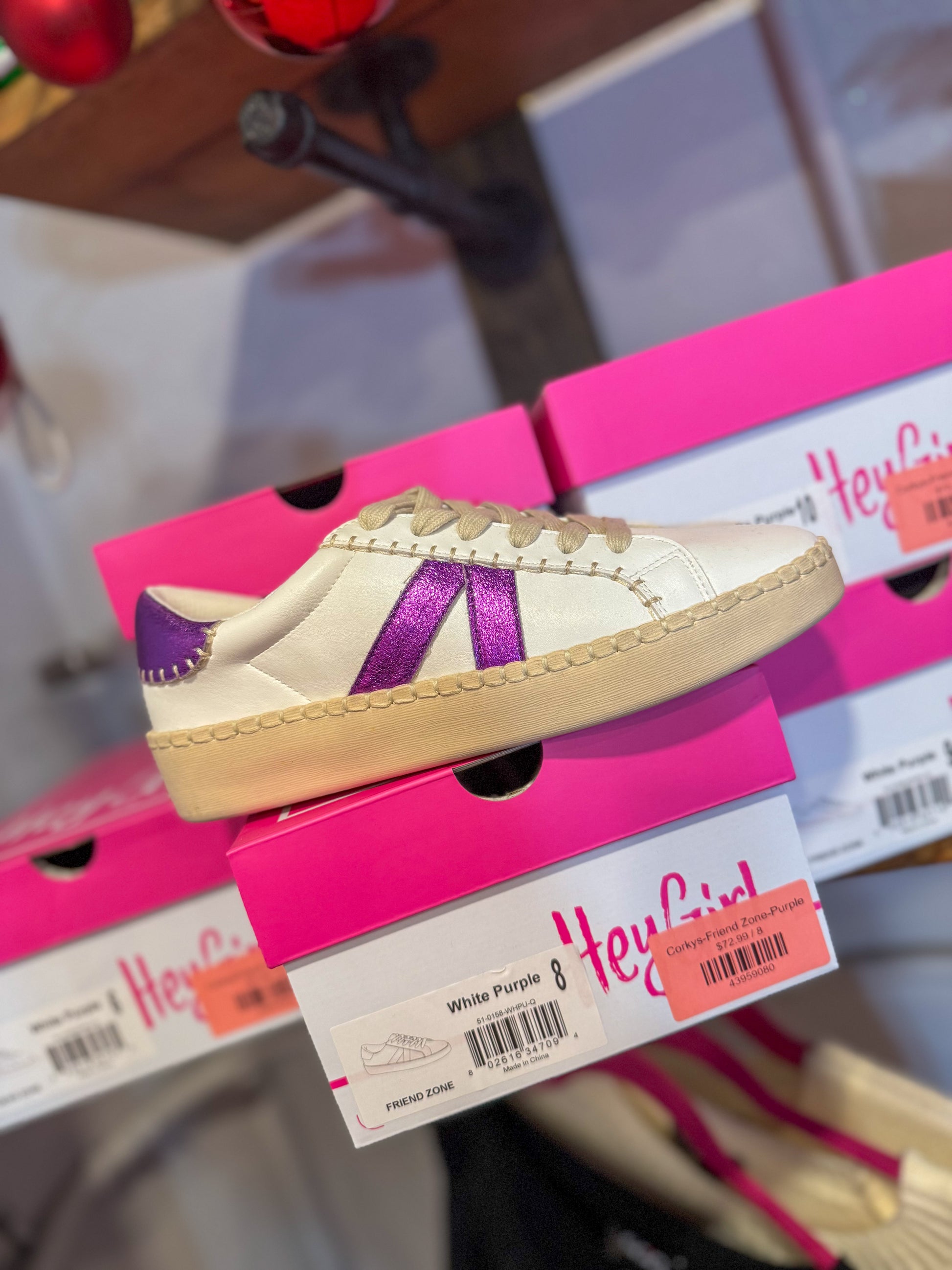 Corkys Friend Zone sneakers in purple with cushioned insole and white base
