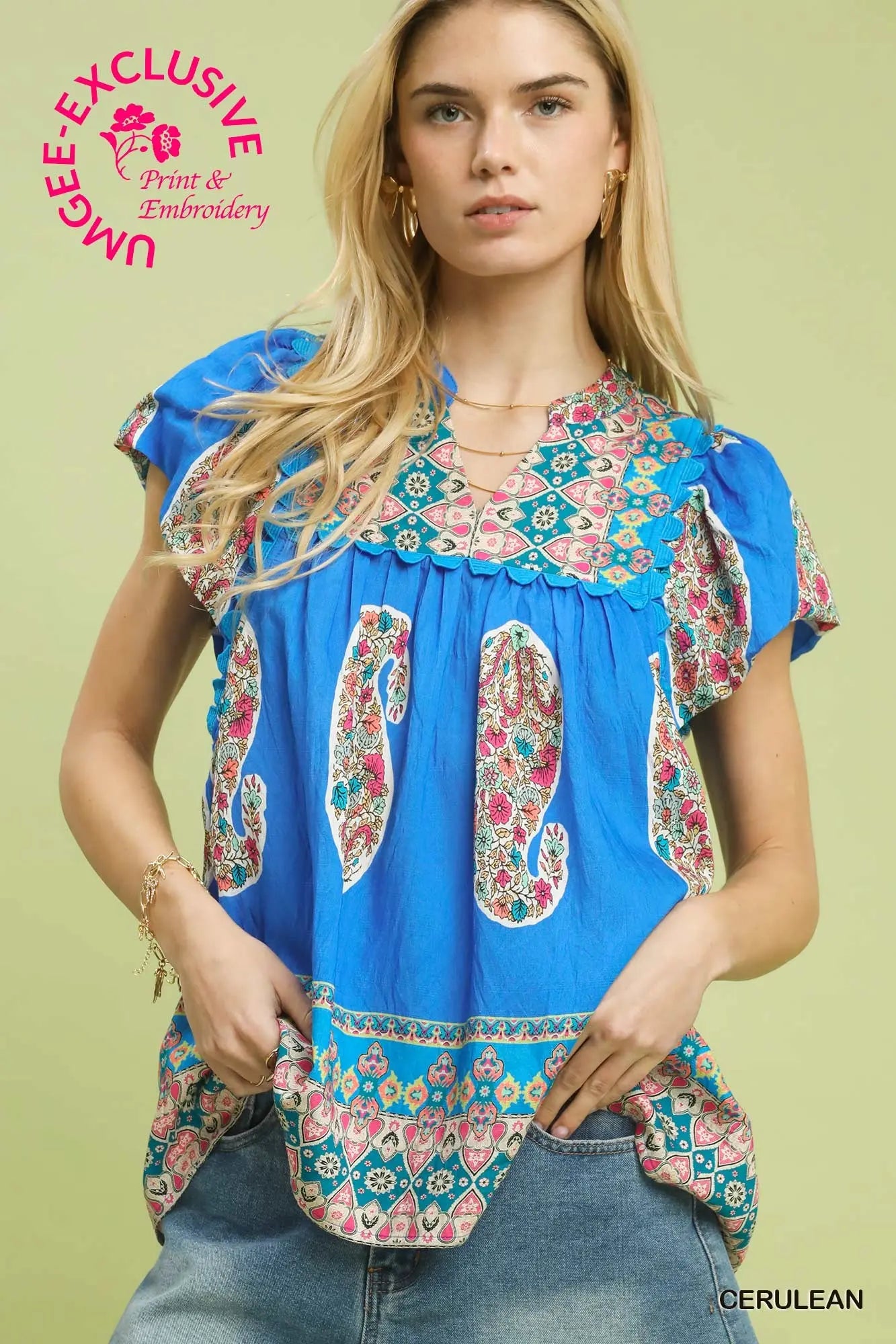 Cerulean smocked print flutter sleeve top