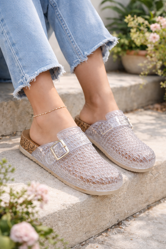 Woman modeling clear jelly buckle clogs with cork footbed and gold hardware, styled with cropped denim jeans, available at Twisted Sisters Shoetique in Waco, Texas.
