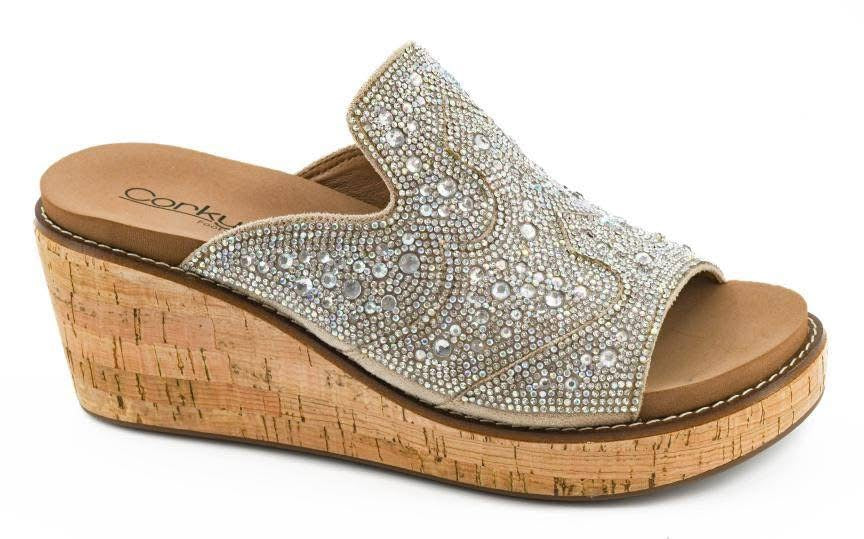 Western inspired rhinestone wedge shoes