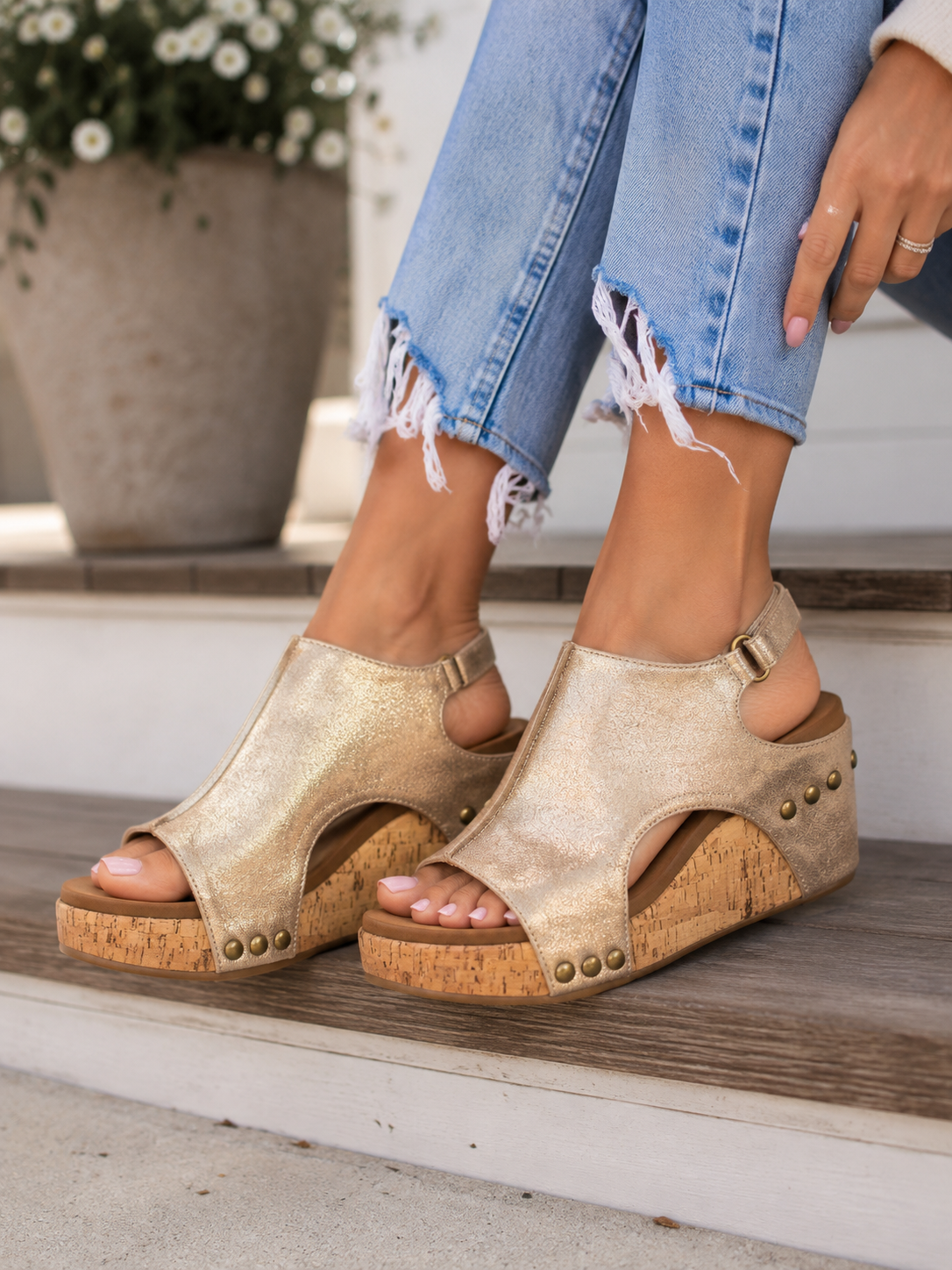 Corkys Carly gold metallic wedge sandals with cork-look sole and stud details