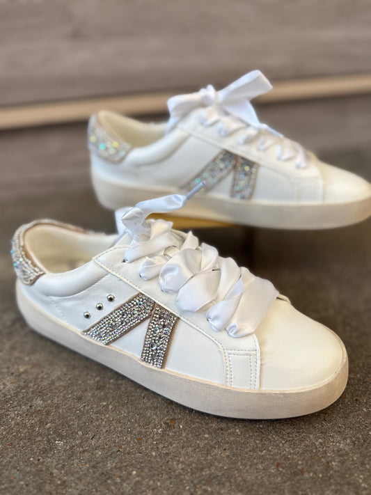 Corkys No Chaser white sneakers with rhinestone details and satin ribbon laces
