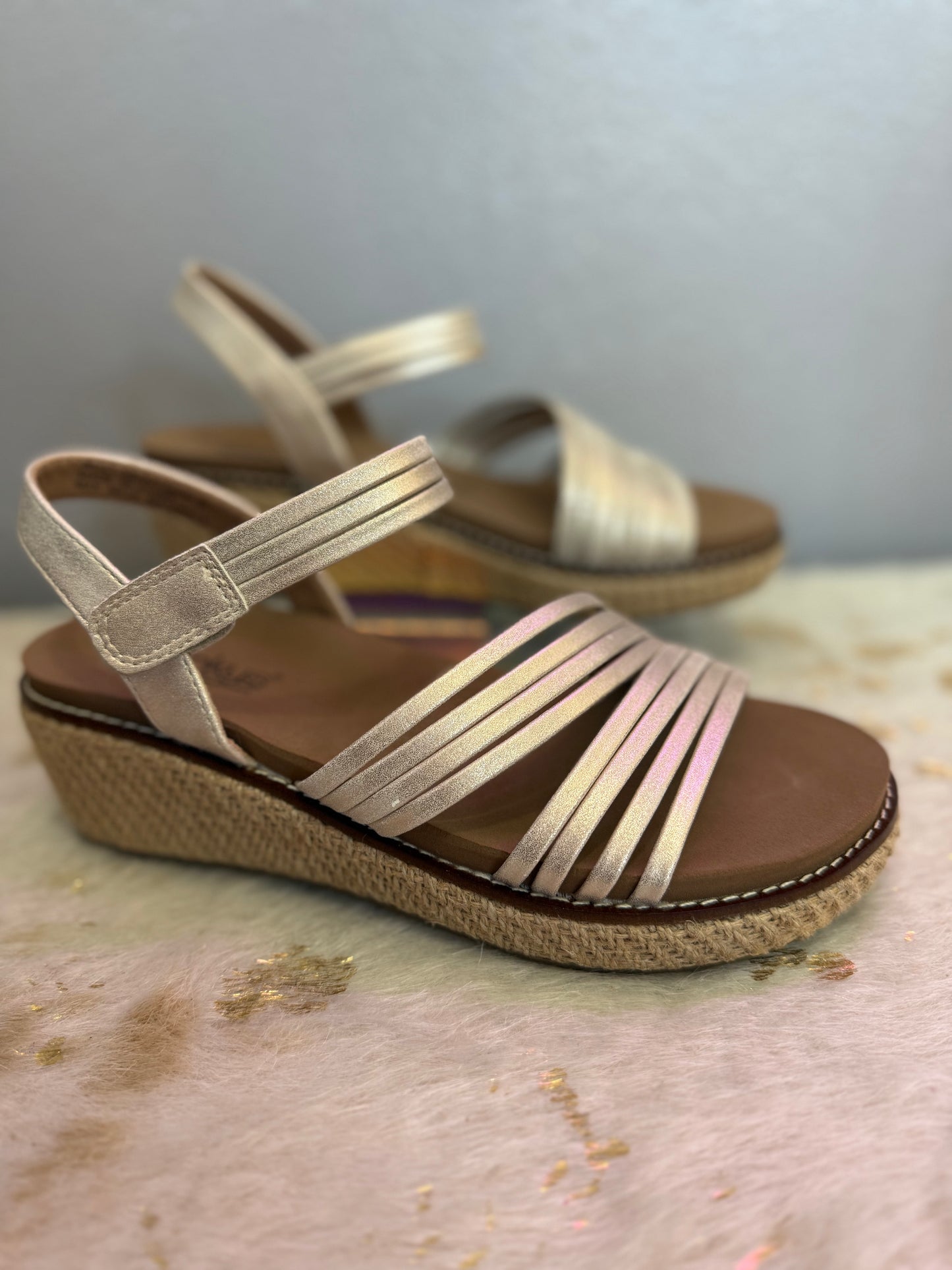 Corkys What About Now gold wedge sandals with strappy design and cushioned insole