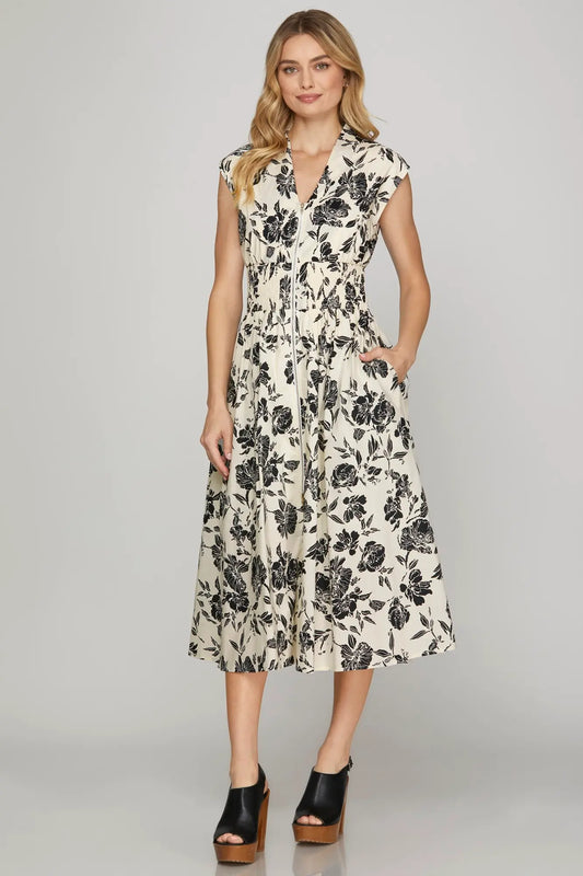 Cream printed midi dress with smocked waist