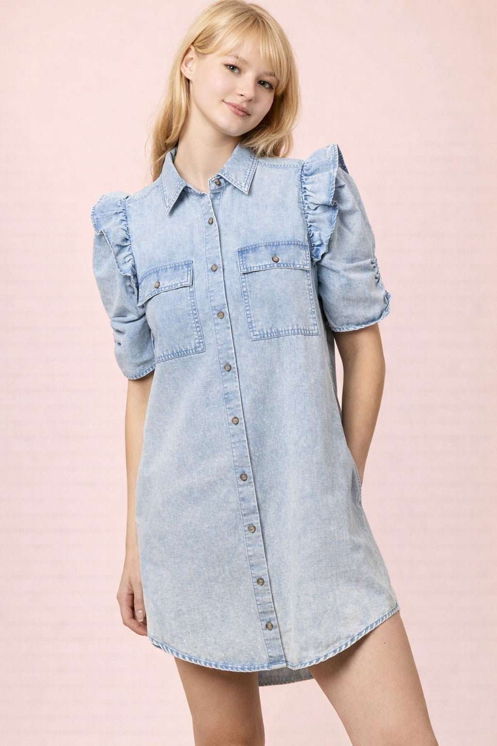 Darlin' in Denim Ruffle Shirt Dress