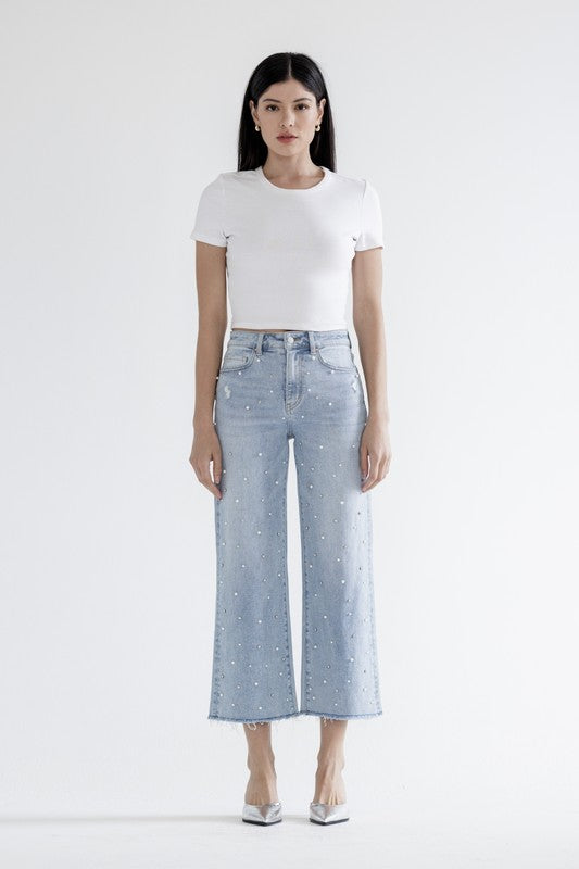 Mica Denim-Pearl Embellished Crop Jeans
