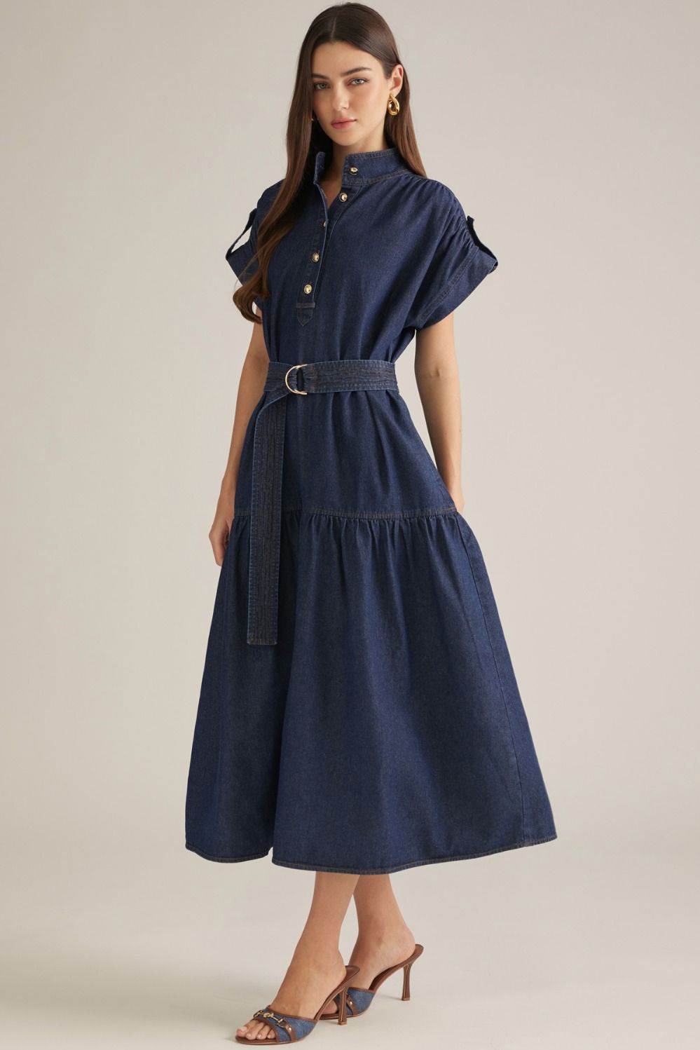 Women's dark denim belted midi dress with stand collar, button front, cap sleeves and tiered skirt
