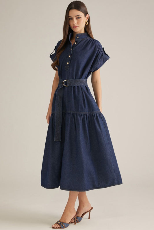 Women's dark denim belted midi dress with stand collar, button front, cap sleeves and tiered skirt