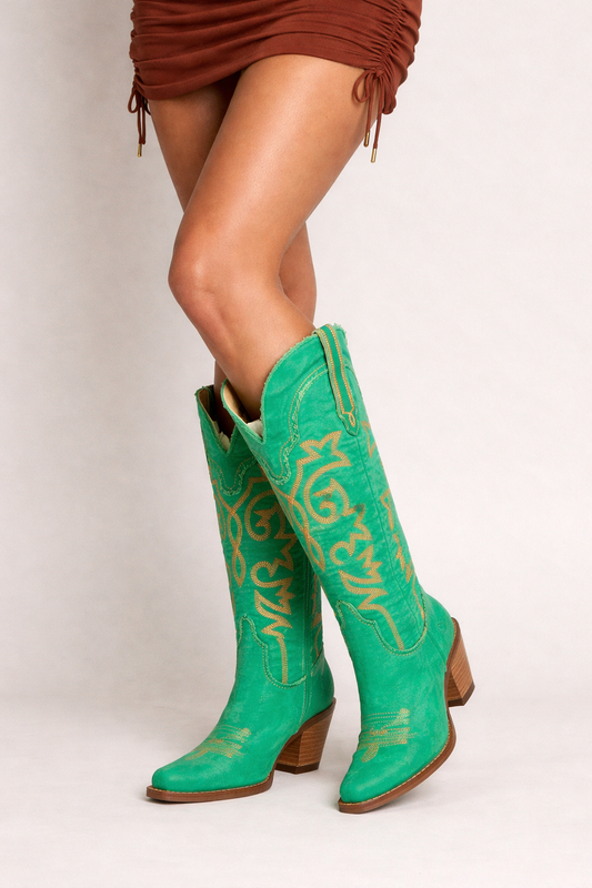Dingo 1969 Texas Tornado green tall Western cowboy boots.