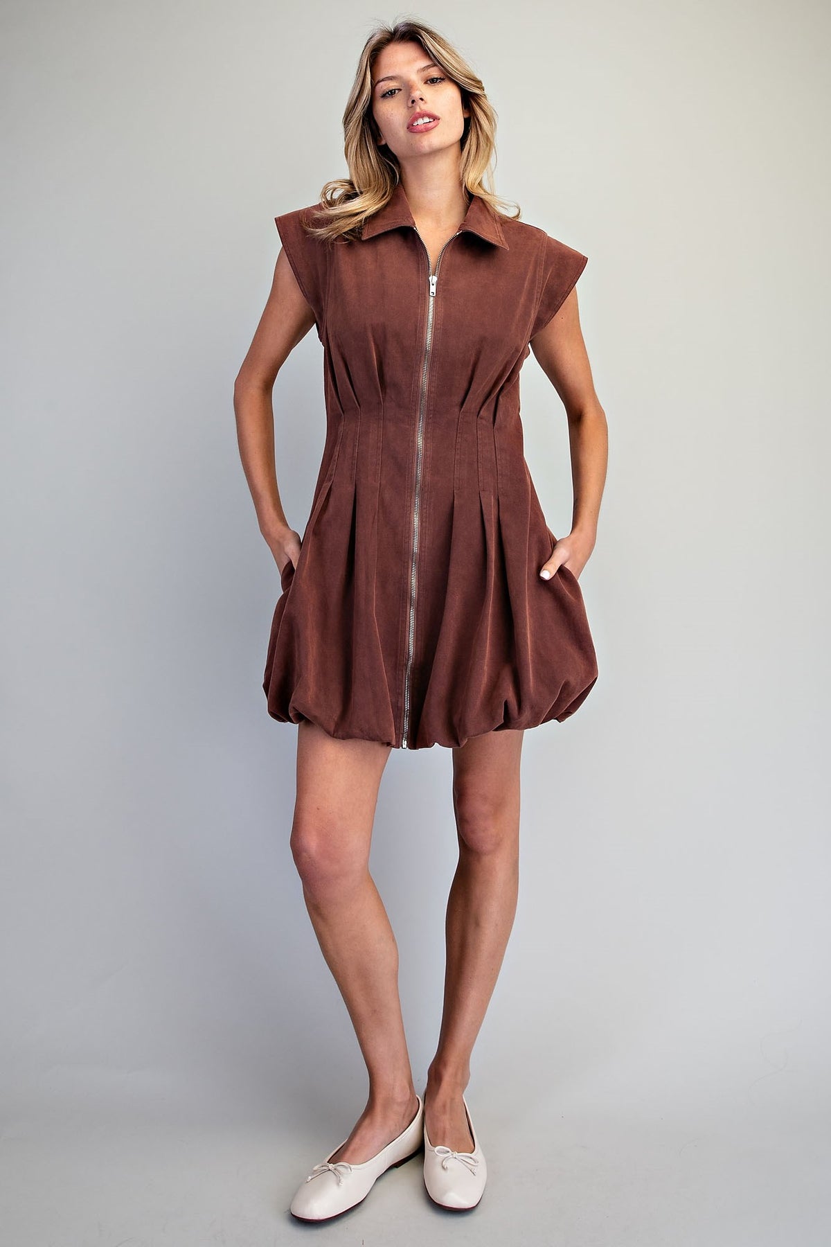 Chocolate brown collared bubble mini dress with front zipper and pleated waist