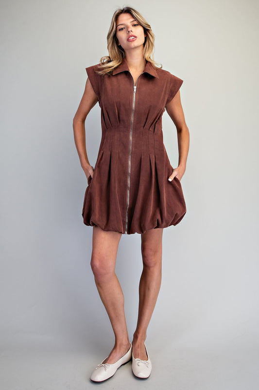 Chocolate brown collared bubble mini dress with front zipper and pleated waist