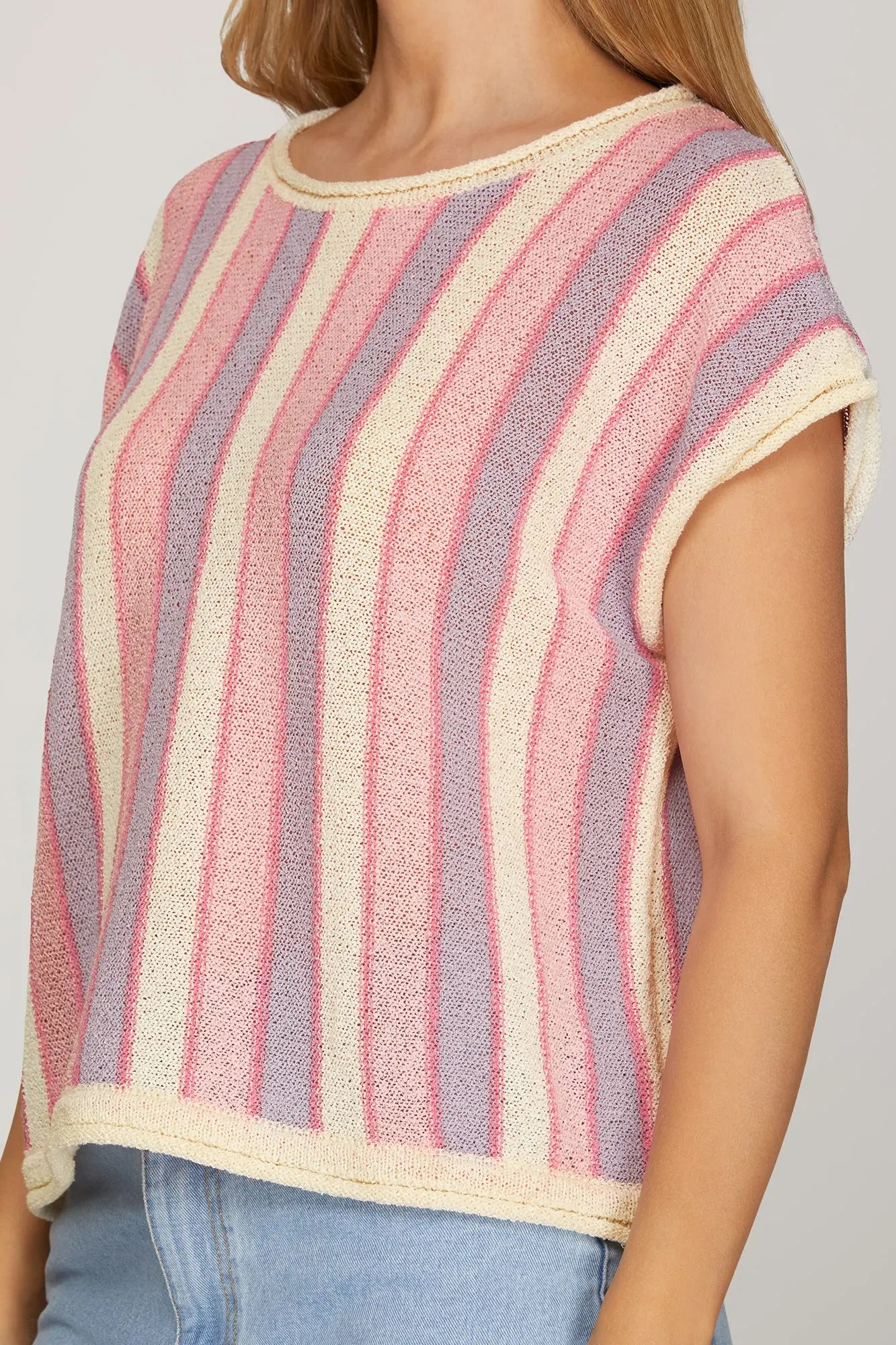 Lightweight short sleeve striped knit top 