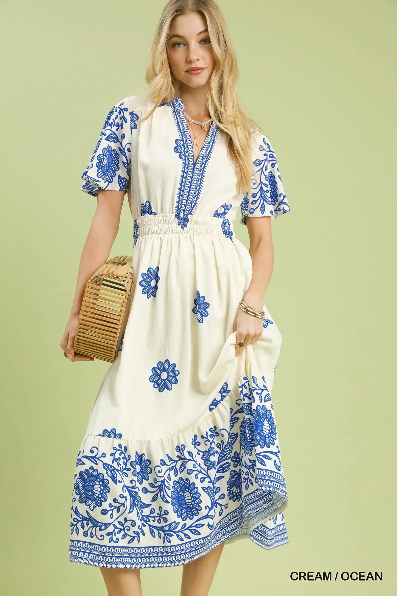 Floral border print midi dress with split V-neck