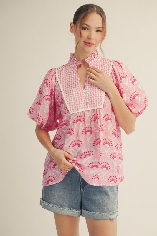 Geo floral puff sleeve button-up top from Twisted Sisters Shoetique