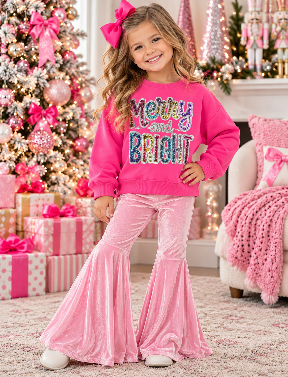 Girls' size 5 pink Christmas outfit featuring a hot pink Merry and Bright sequin sweatshirt and light pink velvet-look bell-bottom pants.