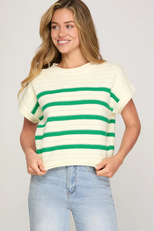 Green striped short sleeve knit sweater top