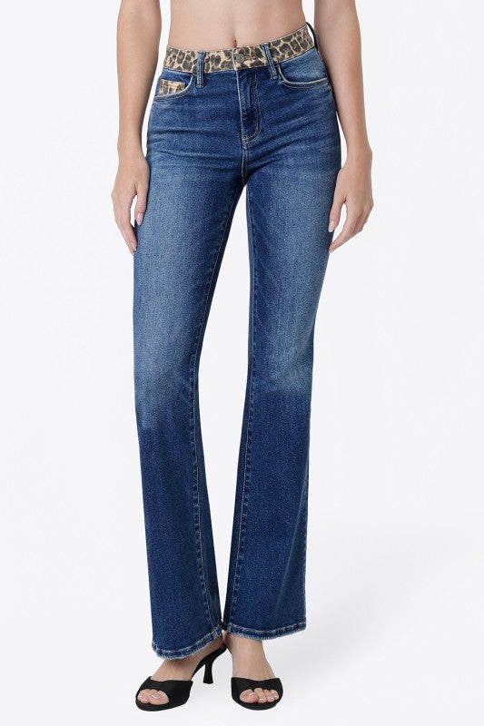 Women’s dark wash high rise bootcut jeans with leopard print waistband and coin pocket