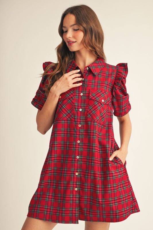 Women’s red plaid button-front shirt dress with ruffle sleeves and side pockets from Twisted Sisters Shoetique.