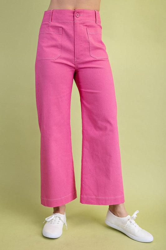 Hot pink cropped wide leg pants with contrast stitching from Twisted Sisters Shoetique
