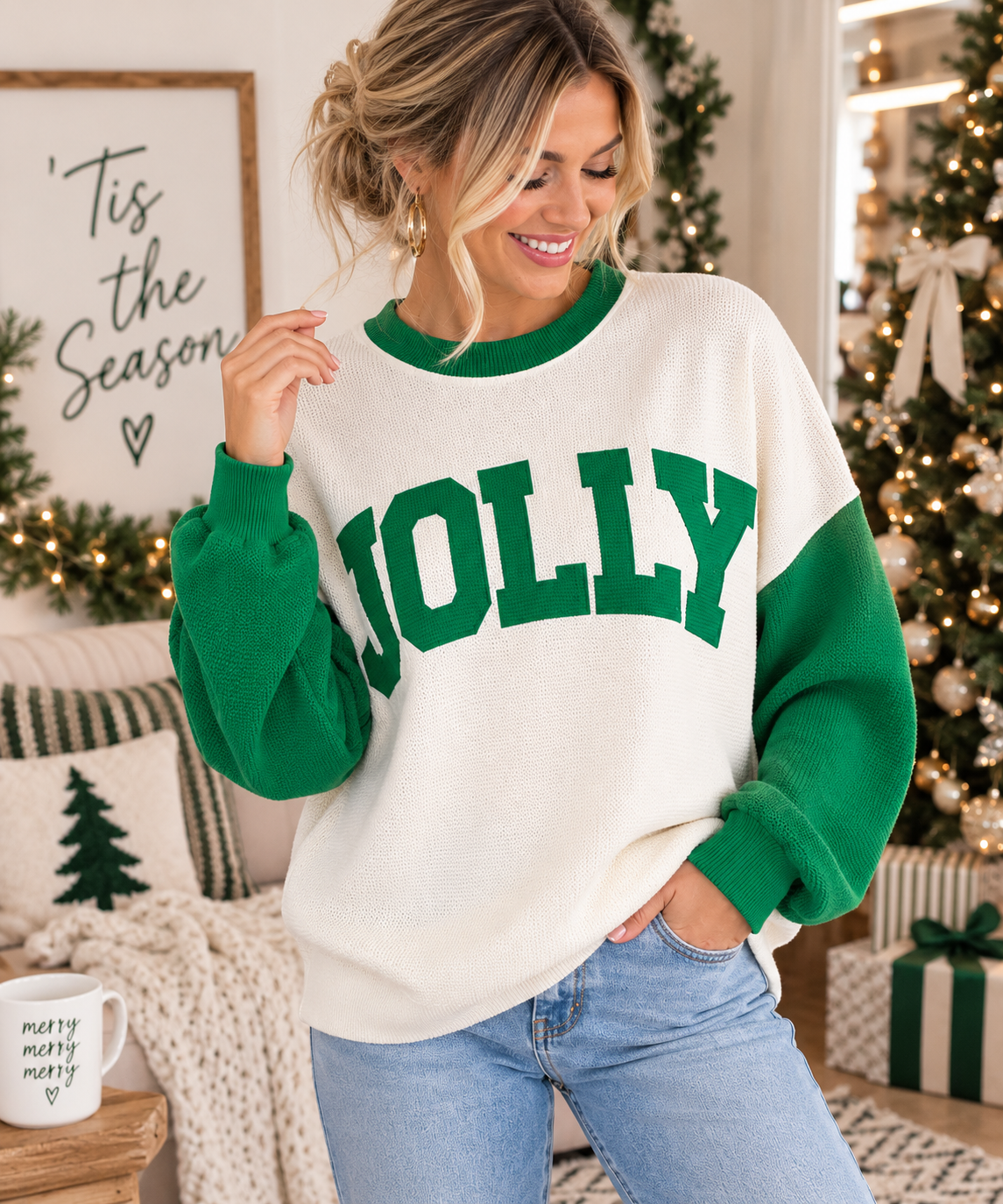 JOLLY green and white cloudy knit color block long sleeve Christmas top