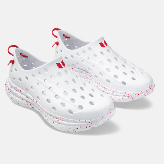 KANE Revive Red Speckle white recovery shoes with red accents and speckled sole