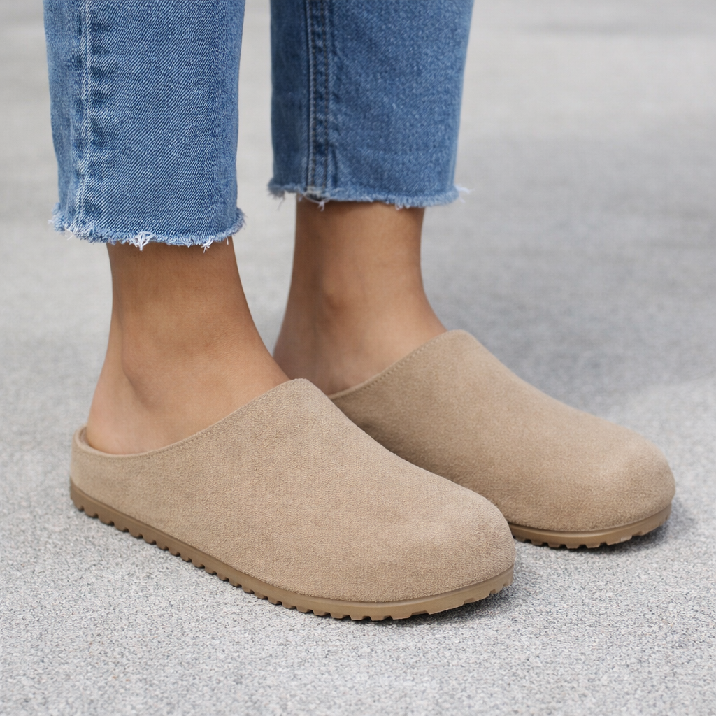 Londres suede mule clogs in bone from Twisted Sisters Shoetique