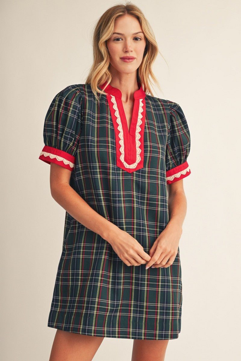 Women's Christmas plaid shift dress with red contrast trim, lace details and puff sleeves
