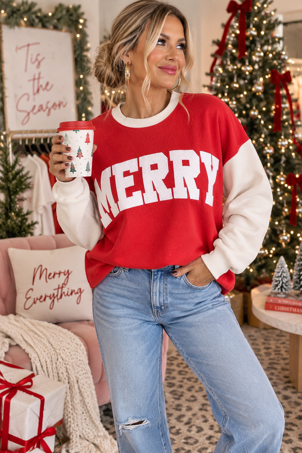 Red and white MERRY cloudy knit color block long sleeve Christmas top
