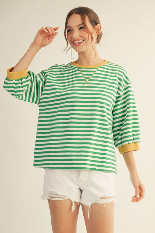 Mineral washed stripe 3/4 sleeve top from Twisted Sisters Shoetique