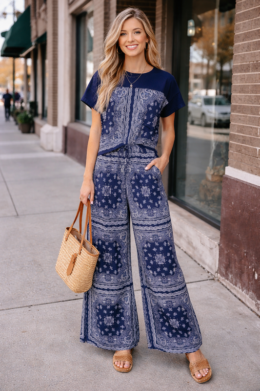 Navy bandana print elastic waist palazzo pants