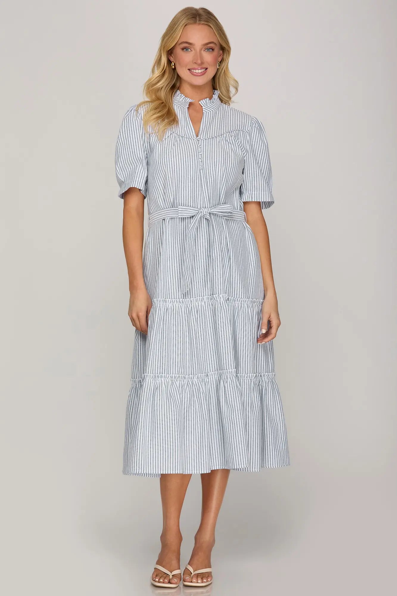Navy and white striped midi dress front view
