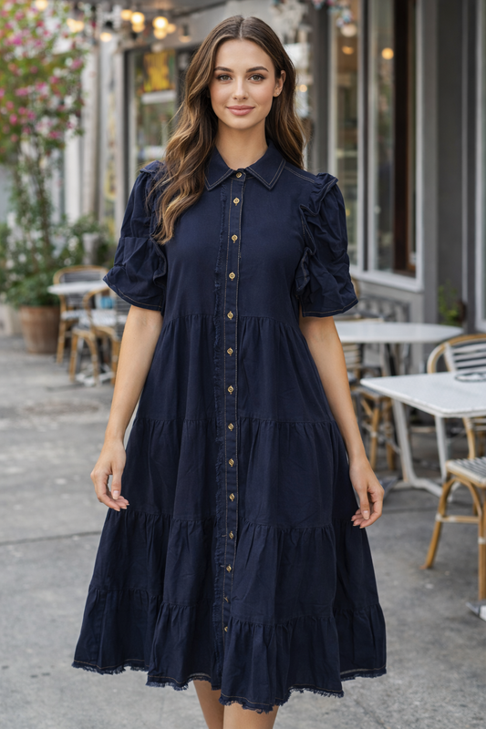 Model wearing a navy tiered midi dress with ruffle sleeves and button front detail