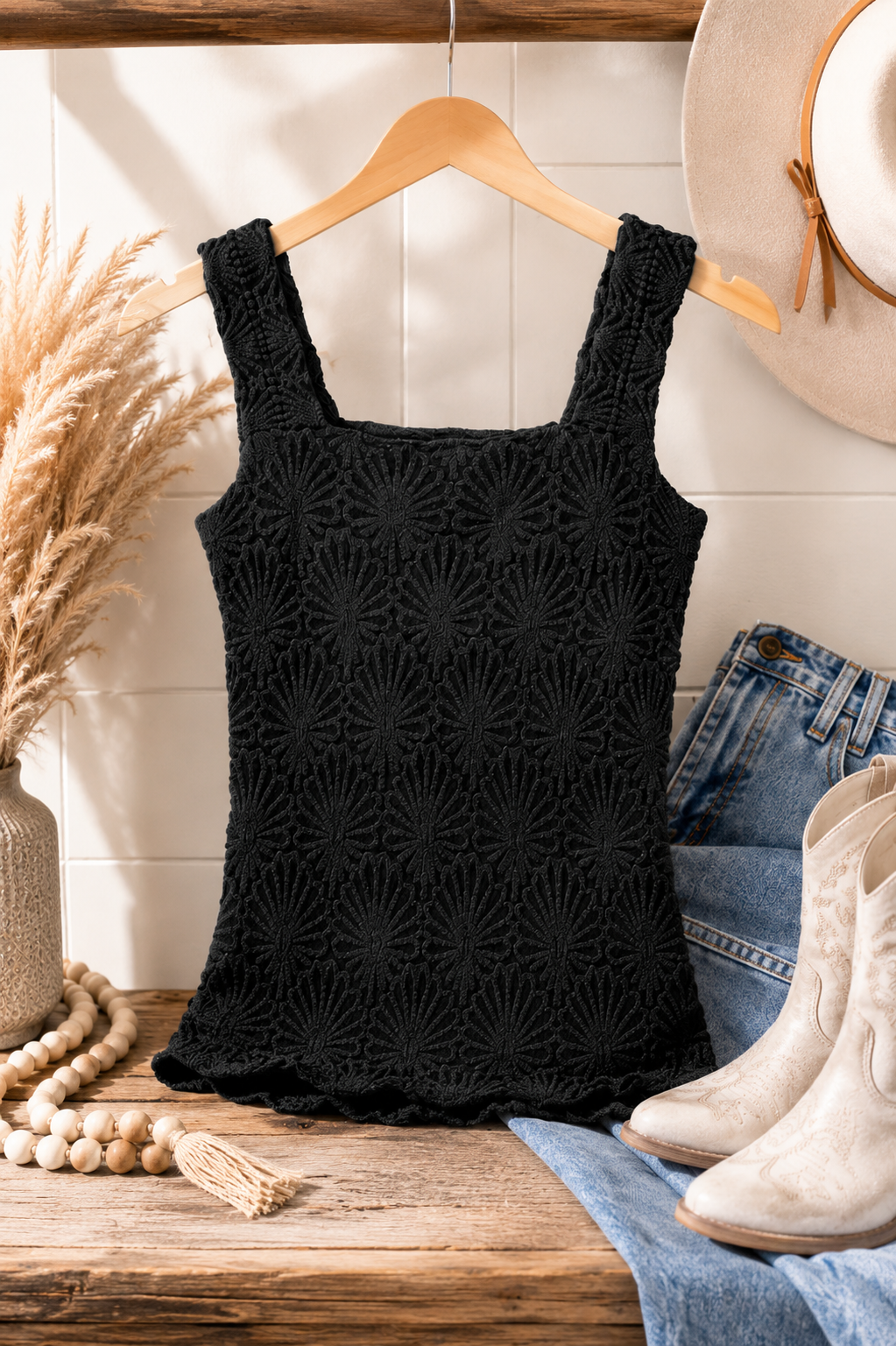 NIKIBIKI black floral lace textured square neck fitted tank top