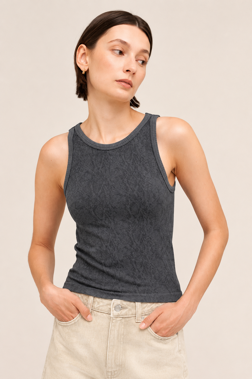 NIKIBIKI vintage wash high crew seamless tank top in gunmetal at Twisted Sisters Shoetique