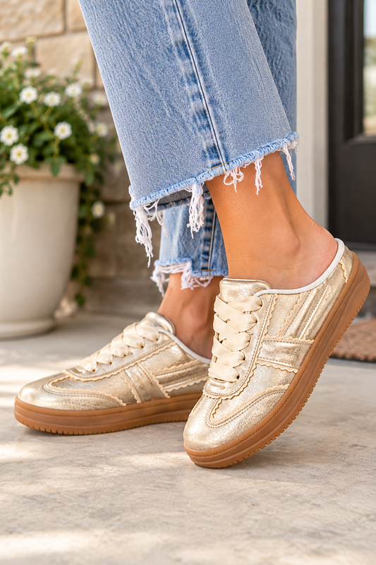 Outwoods GIANA-8 metallic gold slip-on mule sneakers with gum sole