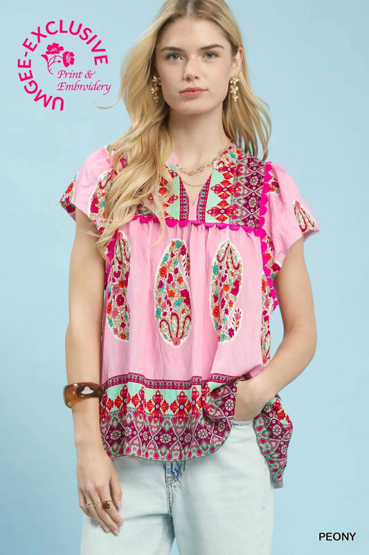 Peony smocked print flutter sleeve top